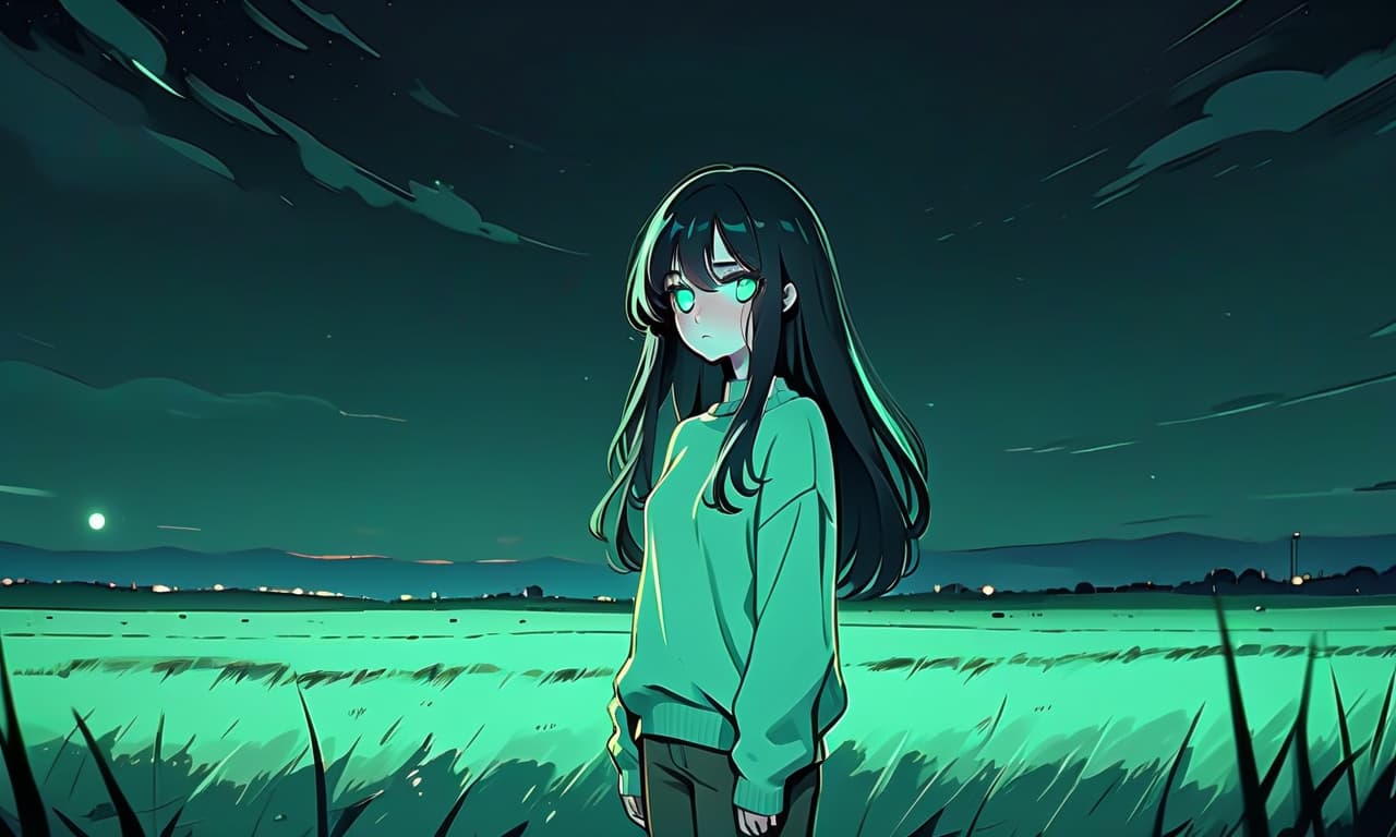  minimalist style a girl in anime style with long black hair stands in an empty and night field dressed in a sweater of warm pastel green color and pants. the girl looks into the darkness with black lower eyelids under the eyes full of fear of the unknown and curiosity, and the bright turquoise eyes themselves stand out against the background of everything. the image uses warm and bed tones . simple, clean, uncluttered, modern, elegant