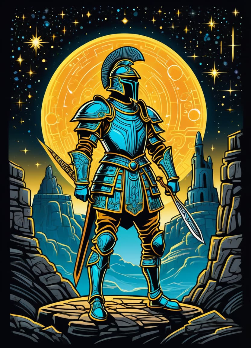  a humorous illustration. bright colors, cartoon style. on the black background, shiny contours outlines of silhouette of a scythian man in armor, in full length, against the backdrop of an earthen and stone fortress, frame with intricate thin ornamentation from comet, stars and cosmic dust: (thin: 1,4) lines ,