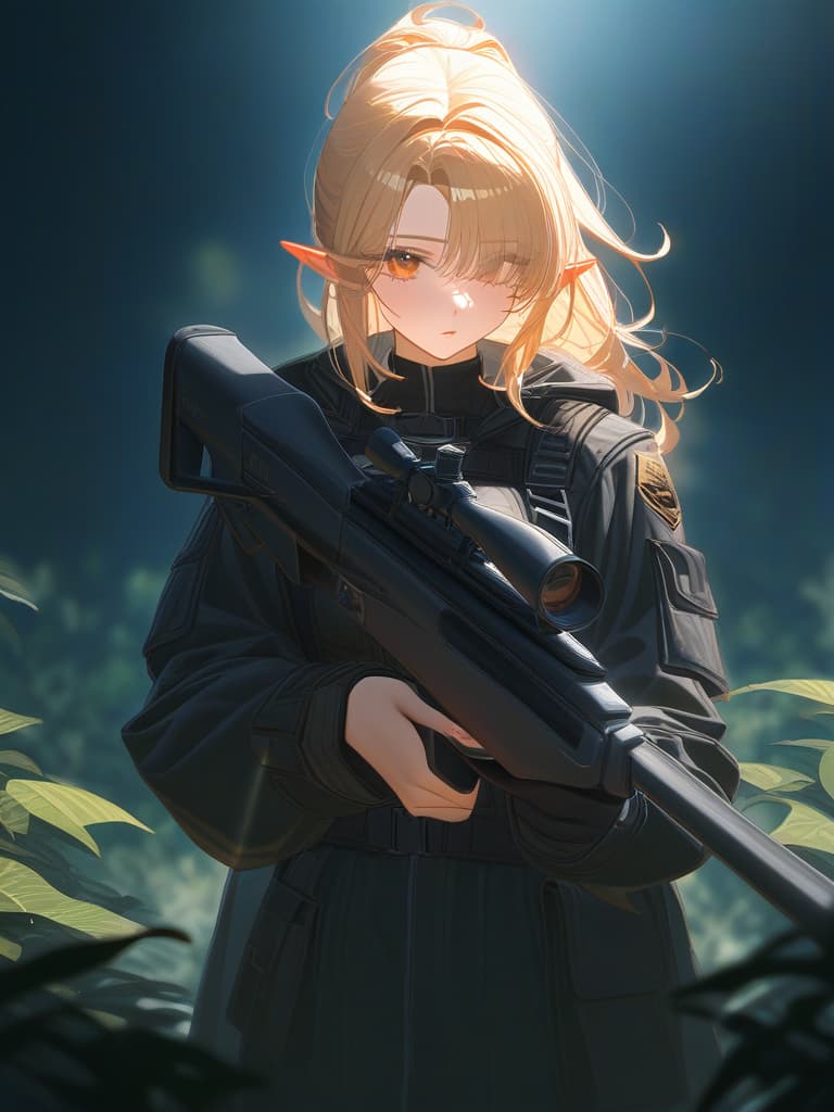  best quality、masterpiece、ultra detailed texture、absurd resolution、raw photorealistic、((blonde elf aiming at viewer with sniper rifle:1.8、accurate sniper rifle:1.2))、(tilt one's head、camouflage pattern clothes:1.2)、hold the sniper rifle、ponytail、in bush、💩、💩、💩、💩、💩、 hyperrealistic, full body, detailed clothing, highly detailed, cinematic lighting, stunningly beautiful, intricate, sharp focus, f/1. 8, 85mm, (centered image composition), (professionally color graded), ((bright soft diffused light)), volumetric fog, trending on instagram, trending on tumblr, HDR 4K, 8K