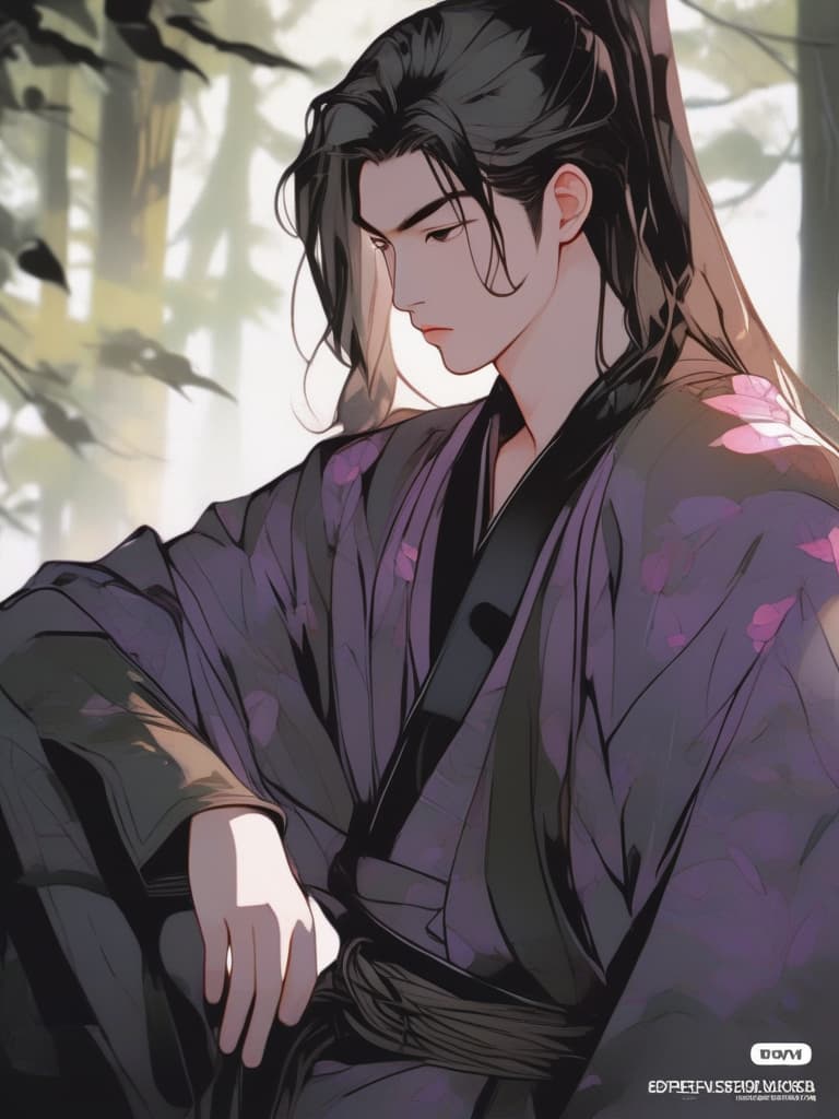  line art drawing asian man, long hair, purple robe, black sash, serious expression, forest setting, trees, pink petals, calmness, contemplation, deep in thought, handsome, sad mood, nature. long shot, wide angle lens, front view. highly detailed photo, sharp details, best quality, 4k, raw photo.. professional, sleek, modern, minimalist, graphic, line art, vector graphics