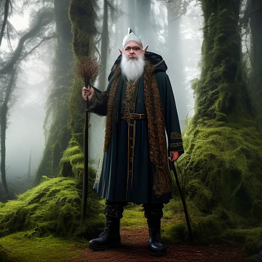  a gothic magical gnome appears in a dimly lit forest clearing: his facial features are emphasized by wrinkles, his gray hair is long, his long gray beard, his richly decorated clothes are a mixture of velvet and green lace, with a leather belt and a gold buckle, leather shoes with open toes . ((the gnome is turned to the left)). this hauntingly beautiful scene is captured in high fashion photography, showcasing every intricate detail in stunning clarity. his gnarled wooden staff glows with mystical energy, swirling around him in an unearthly dance. the overall effect is a mesmerizing mixture of darkness and opulence, inviting viewers into the fantasy world of a mysterious gnome against the backdrop of a green, magical forest., anime style p hyperrealistic, full body, detailed clothing, highly detailed, cinematic lighting, stunningly beautiful, intricate, sharp focus, f/1. 8, 85mm, (centered image composition), (professionally color graded), ((bright soft diffused light)), volumetric fog, trending on instagram, trending on tumblr, HDR 4K, 8K