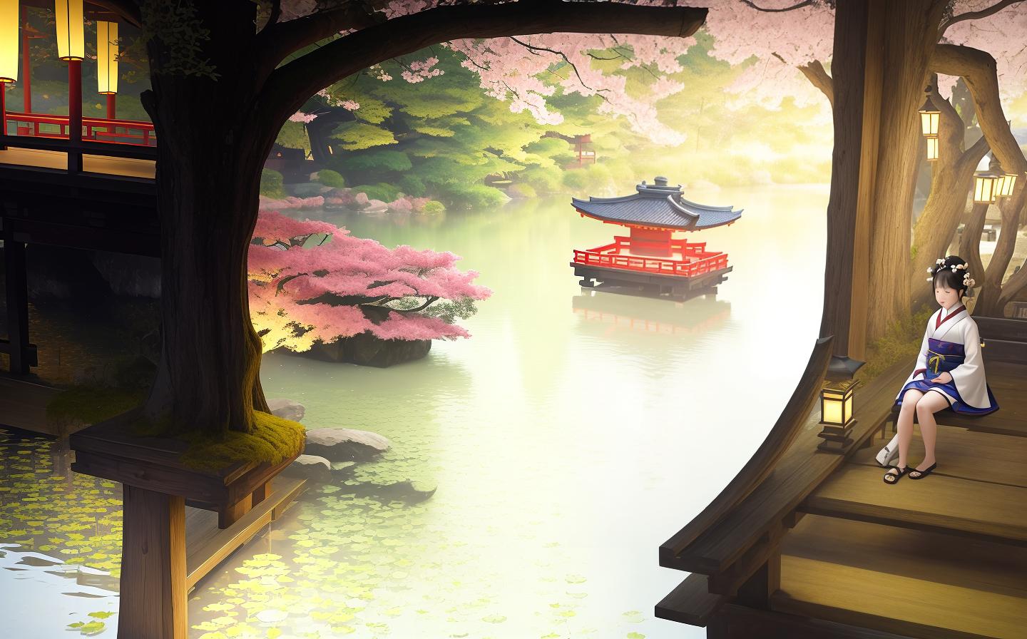  masterpiece, best quality,(fidelity: 1.4), best quality, masterpiece, ultra high resolution, 8k resolution, night view inspired by japanese art, featuring a garden illuminated by paper lanterns and a wooden bridge spanning a tranquil lake with a small zen temple by the lake. the water reflects the stars.