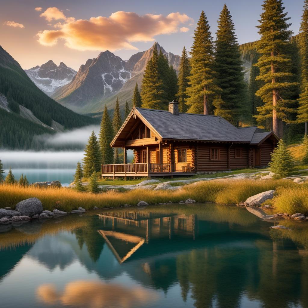  A serene landscape with mountains in the background, a crystal clear lake reflecting the mountains, and a small cabin near the lake surrounded by pine trees. The sky is clear with a few fluffy clouds, and the sun is setting, casting a warm golden glow over the scene. hyperrealistic, full body, detailed clothing, highly detailed, cinematic lighting, stunningly beautiful, intricate, sharp focus, f/1. 8, 85mm, (centered image composition), (professionally color graded), ((bright soft diffused light)), volumetric fog, trending on instagram, trending on tumblr, HDR 4K, 8K