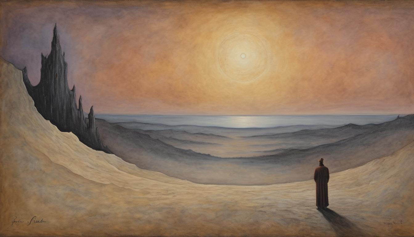  on parchment, surrealism++, expansive horizon, glowing with twilight hues, solitary figure standing at the edge, facing the vast unknown, sense of new beginnings(mysterious, provocative, symbolic)++