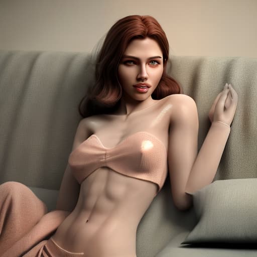 redshift style  woman in laying on a couch with her crossed, beautiful detailed body and face, hot , hot , poised beautiful body, smooth pink skin, friendly smile, , smooth golden skin, beautiful precise face and body, smooth white skin, inviting, “ sensual, elf , lecherous pose, perfect body face and hands