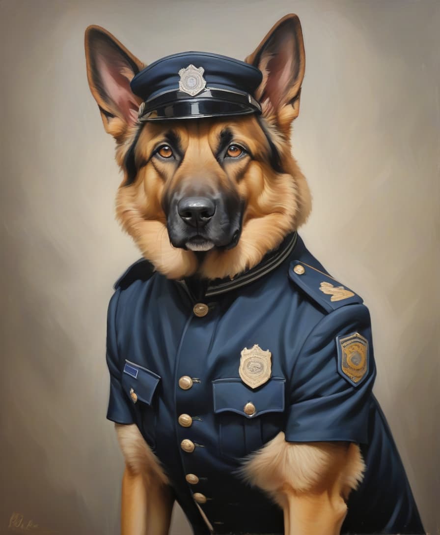  oil painting.. portrait of a shepherd dog in a policeman 's uniform . there are certificates on the walls.