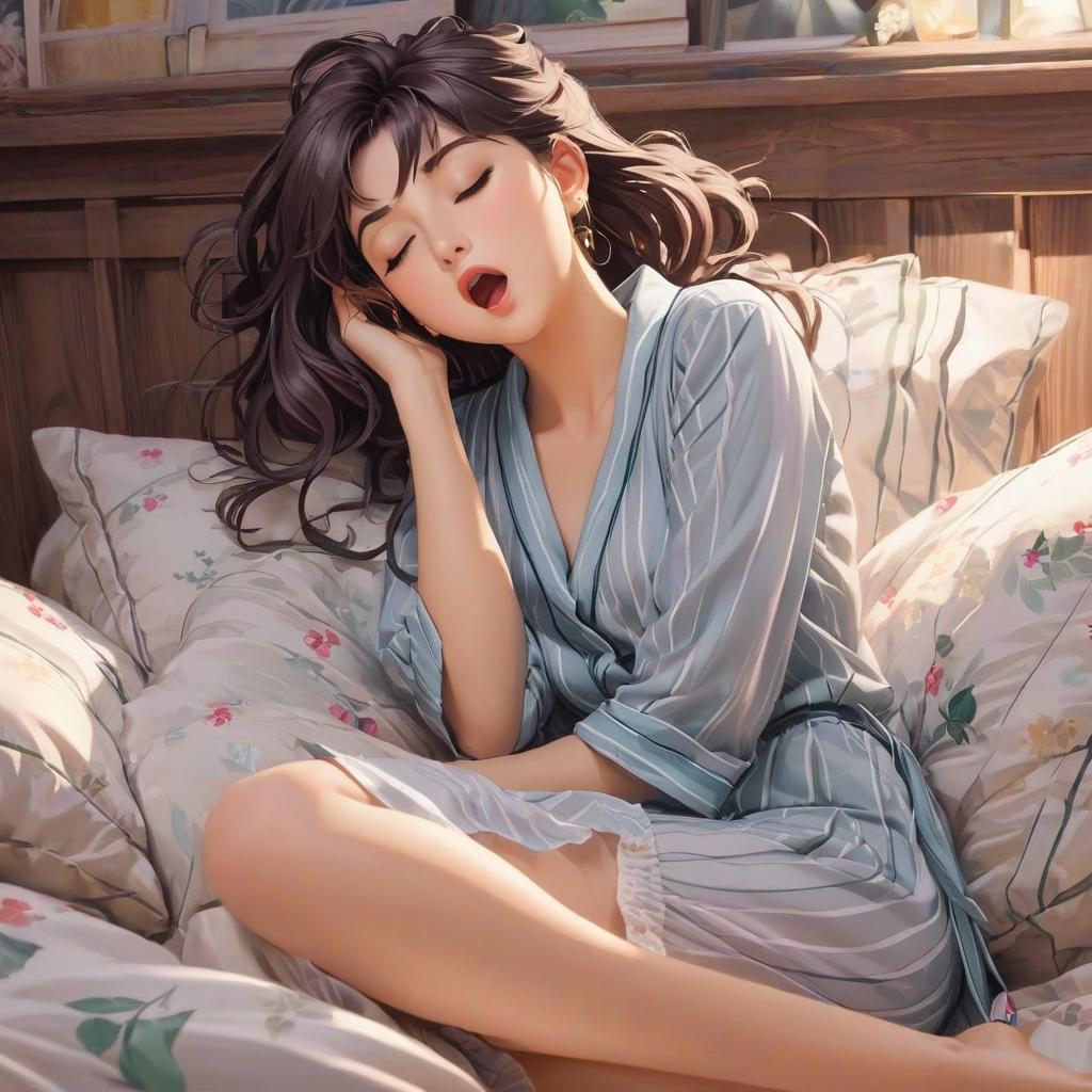  1 anime laying , no blankets , she is wearing loose sleepwear, her hair is messy, she is yawning and stretching, award winning, professional, highly detailed, masterpiece