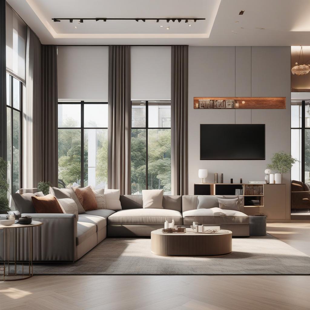  masterpiece, best quality, best quality, masterpiece, 8k resolution, high resolution apartment Living room concept art with floor-to-ceiling windows and modern furniture