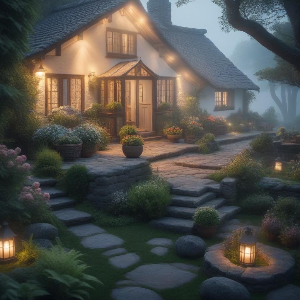  Fantastic cottage hyperrealistic, full body, detailed clothing, highly detailed, cinematic lighting, stunningly beautiful, intricate, sharp focus, f/1. 8, 85mm, (centered image composition), (professionally color graded), ((bright soft diffused light)), volumetric fog, trending on instagram, trending on tumblr, HDR 4K, 8K