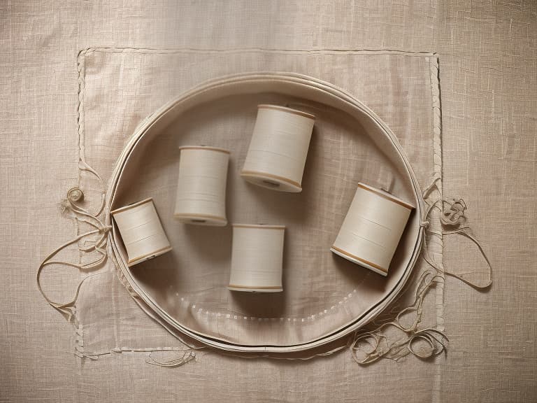  realistic photograph, top view, {natural linen fabric with soft folds, ((two spools)) of sewing thread lie ((on the right side)) of the frame}. soft diffused daylight. the spools of thread are realistic and have the correct shape. product photography, faded , vintage , nostalgic , by jose villa , elizabeth messina , ryan brenizer , jonas peterson , jasmine star