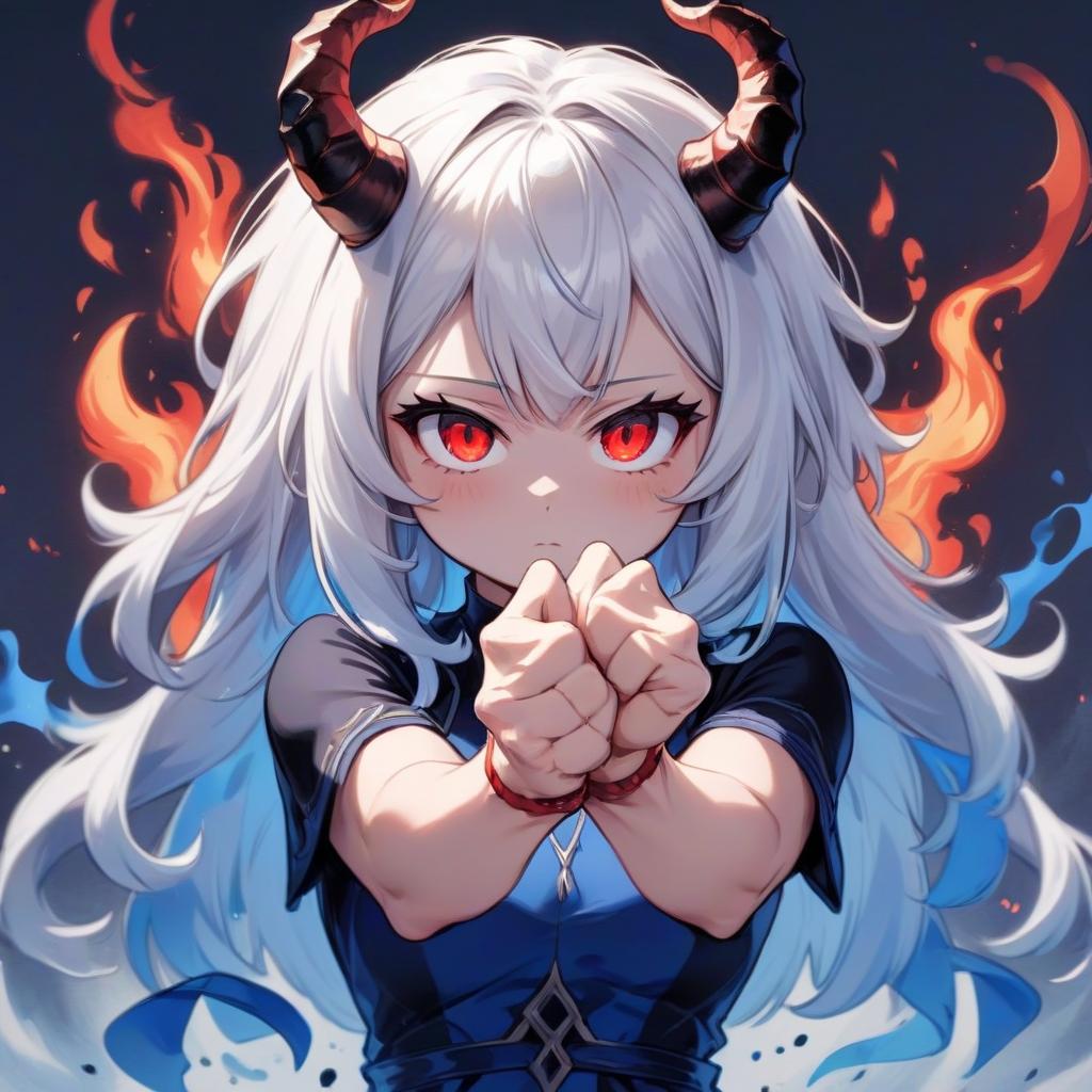  manga style girl in a dress, horns on her head , white hair , red eyes , dark magic , hands clenched into a fist , beautiful smooth hands , blue flame from the hands , blue flame against the background . vibrant, high energy, detailed, iconic, japanese comic style, sticker