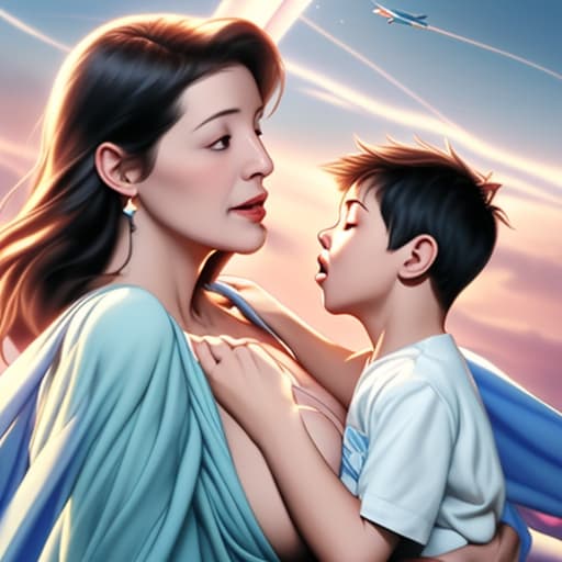  A mother is breastfeeding her son while her son is flying in the sky and the mother is shocked