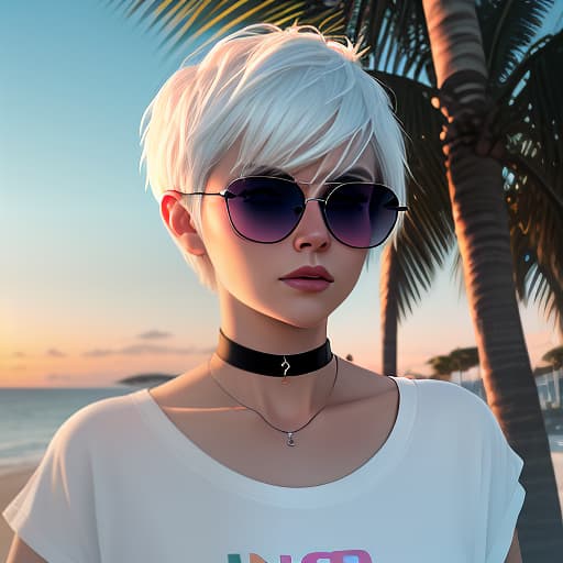  a woman with white hair, a short haircut "pixie." in sunglasses, a t shirt top, with a choker around her neck, stands against a neon sunset. in full growth. coast of the sea, shade of palm trees. digital photo. high detail. high realism.