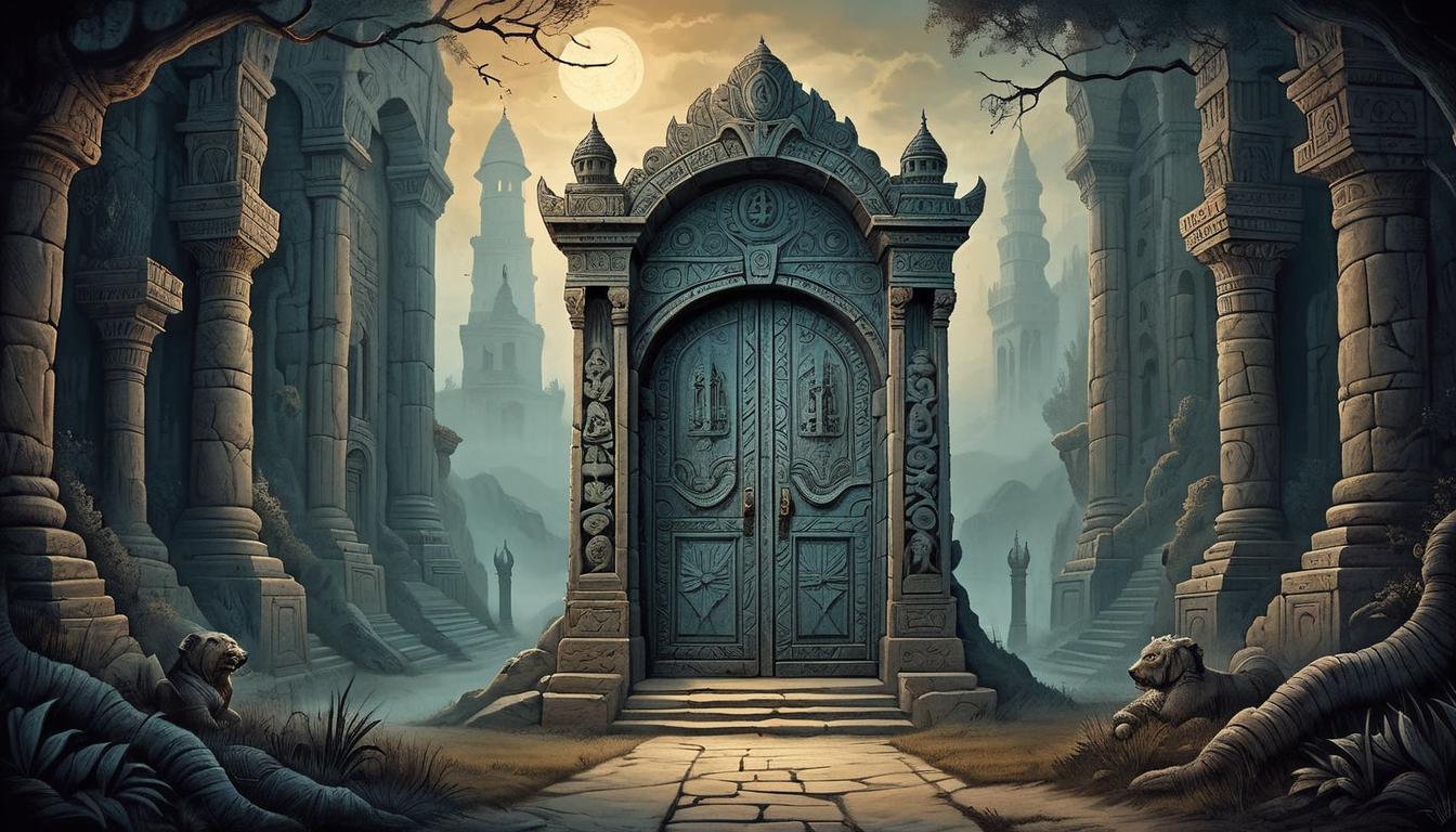  on parchment, surrealism+++, an imposing, ancient door with intricate carvings, shadows looming, twilight setting, threshold between worlds, heavy atmosphere, foreboding(mysterious, provocative, symbolic,muted color)+++