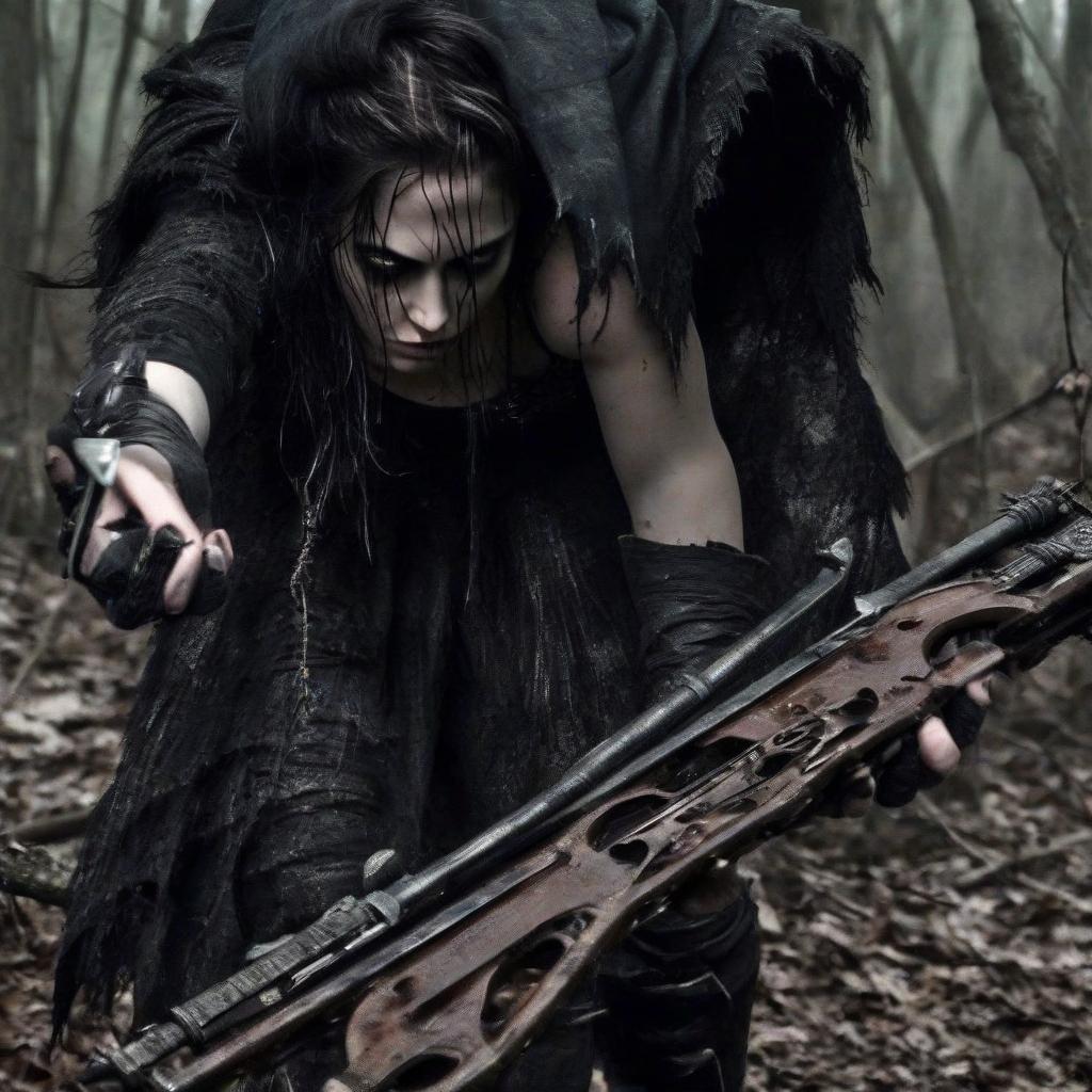  macabre style kristen stewart as a full length crossbow thief. . dark, gothic, grim, haunting, highly detailed, perfecteyes, perfect hands