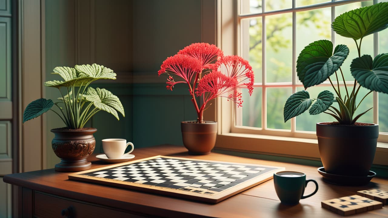  a serene study scene featuring a wooden desk with an open crossword puzzle, a steaming cup of tea, and a brain shaped puzzle piece next to a vibrant plant, illuminated by soft natural light. hyperrealistic, full body, detailed clothing, highly detailed, cinematic lighting, stunningly beautiful, intricate, sharp focus, f/1. 8, 85mm, (centered image composition), (professionally color graded), ((bright soft diffused light)), volumetric fog, trending on instagram, trending on tumblr, HDR 4K, 8K