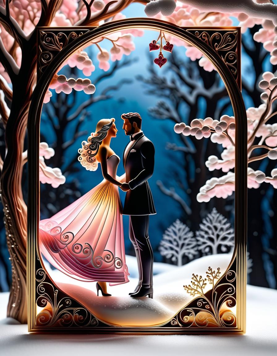  paper quilling art of ((transparent frame in the form of silhouettes of a man and a woman in love, close up 1.5)). ((((inside the transparent silhouette 1, 7))): dawn, pink golden clouds, tree crowns in the snow. the snow is falling quietly. winter 1.5))). (style):romantic fantasy art, advertising, poster, art design, . intricate, delicate, curling, rolling, shaping, coiling, loops, 3d, dimensional, ornamental, hkmagic hyperrealistic, full body, detailed clothing, highly detailed, cinematic lighting, stunningly beautiful, intricate, sharp focus, f/1. 8, 85mm, (centered image composition), (professionally color graded), ((bright soft diffused light)), volumetric fog, trending on instagram, trending on tumblr, HDR 4K, 8K