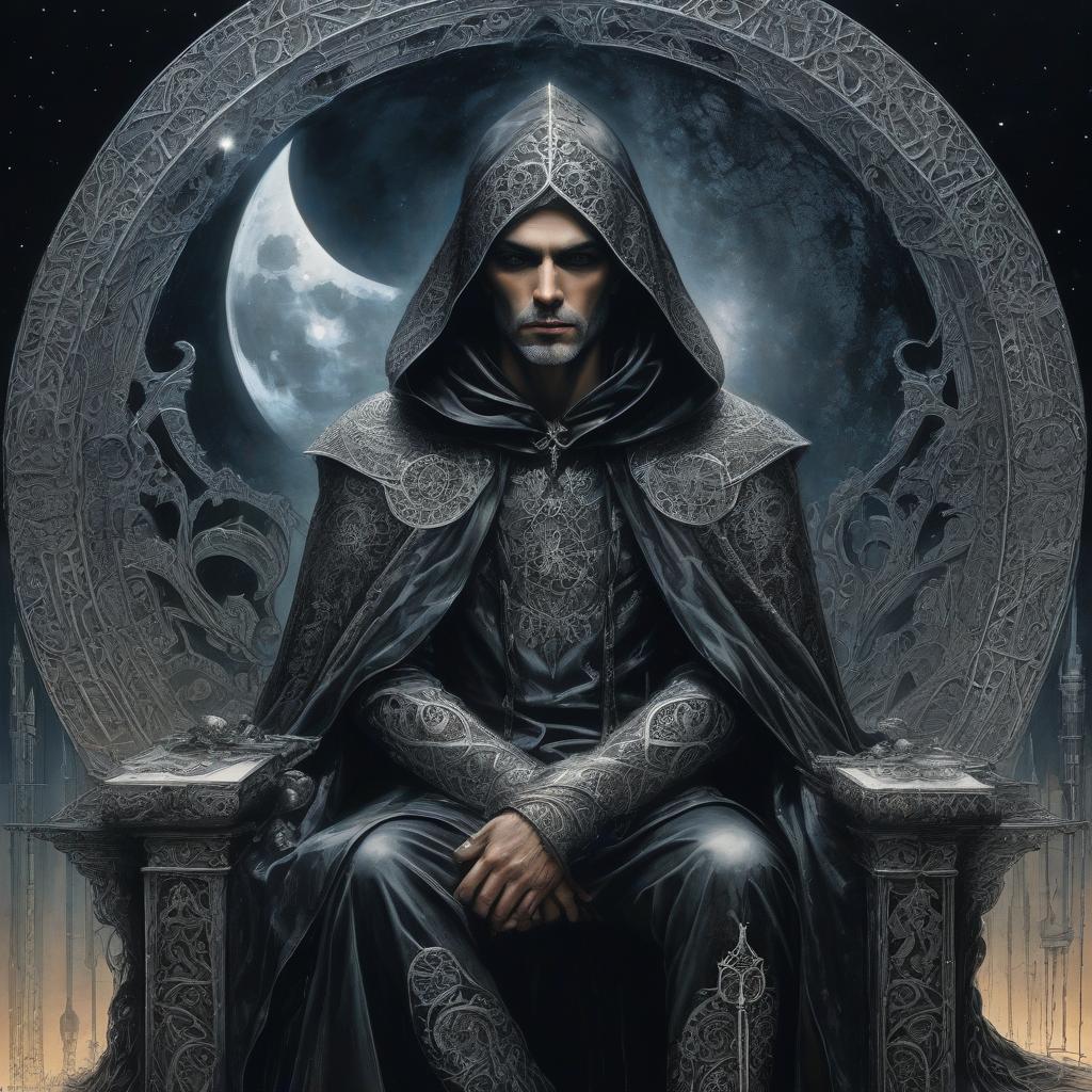  judge on the throne. black dungeon. a man in a cloak and hood. the man in the grotto. judge on the throne. black dungeon. moon. moonlight. big moon. silver rays. stylistics: intricate zentangle patterns in the manner of karol bak, rahaf dk albab, andrew jones. bright colors. high quality and detail. hdr. masterpiece. double exposure.