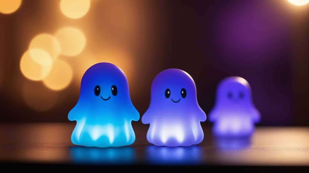  cinematic film style, Cartoon cute smiling Halloween ghosts in delicate purple blue colors float in the air against a background of blurry bokeh lights ar 16:9, shallow depth of field, vignette, highly detailed, high budget Hollywood movie, bokeh, cinemascope, moody, epic, gorgeous, film grain, grainy, sun rays and shadows on furniture and surfacesб flattering light, RAW photo, photography, photorealistic, ultra detailed, depth of field, 8k resolution , detailed background, f1.4, sharpened focus, sharp focus