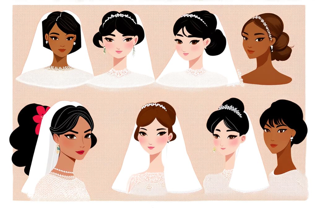  flat illustration, flaticon, (illustration:1.15), different beauty. set of different female heads in wedding veil. different races and nationalities. colored hand drawn illustration ar 3:2, [cory loftis, strobist, pascal campion :: 0.2]