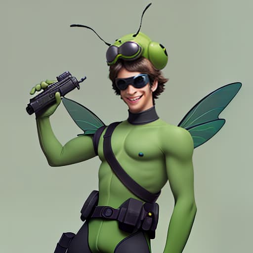  cute cartoon insect beetle character with a green body, big expressive eyes and a smile on his lips. on his head he has a huge brown helmet with goggles, giving him an adventurous look. the insect beetle stands confidently holding a blaster, he has graceful wings and long tendrils. the background is simple and bright inside the starship to emphasize the charm of the funny character with the weapon.