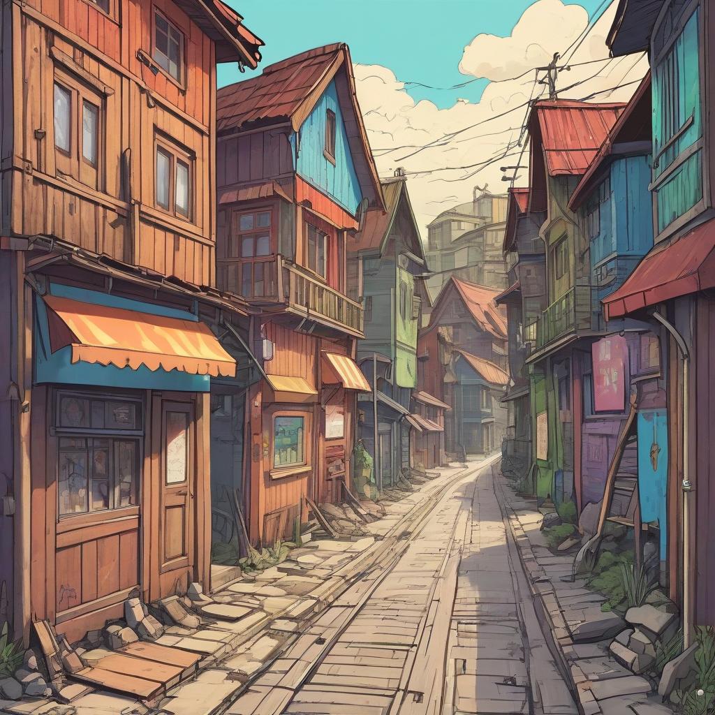  draw a colorful comic book, a long street. there are old wooden houses on the sides of the road