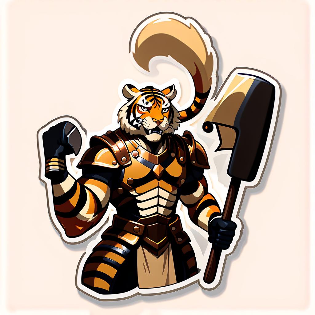  perfect world, tiger man, man, hammer, armor, beige tones, gold, sticker, sticker