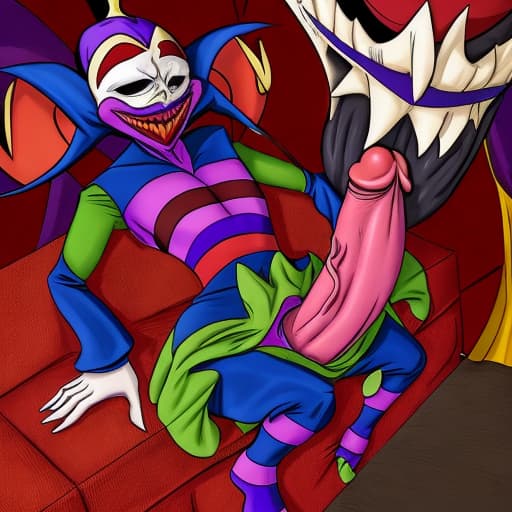  an evil jester with a huge penis, sticking it in, erotica