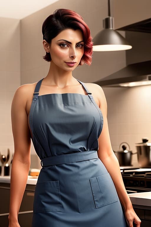  a closeup portrait of playful Morena Baccarin, undercut hair, apron, amazing body, soft skin, pronounced feminine feature, busty, kitchen, [ash blonde | ginger | pink hair], freckles, flirting with camera hyperrealistic, full body, detailed clothing, highly detailed, cinematic lighting, stunningly beautiful, intricate, sharp focus, f/1. 8, 85mm, (centered image composition), (professionally color graded), ((bright soft diffused light)), volumetric fog, trending on instagram, trending on tumblr, HDR 4K, 8K