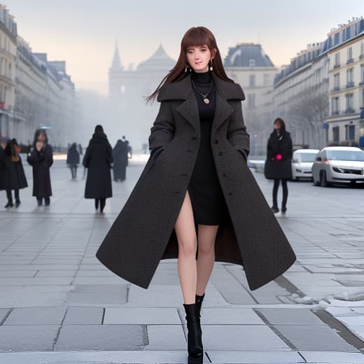  youth,1girl,looking at viewer, full body,jewelry, necklace, realistic, brown hair, blurry background, blurry,bangs, black eyes,paris,fashion,peoples in background, winter coat, dynamic pose, motion blur, warm sun,winter,snow, hyperrealistic, full body, detailed clothing, highly detailed, cinematic lighting, stunningly beautiful, intricate, sharp focus, f/1. 8, 85mm, (centered image composition), (professionally color graded), ((bright soft diffused light)), volumetric fog, trending on instagram, trending on tumblr, HDR 4K, 8K