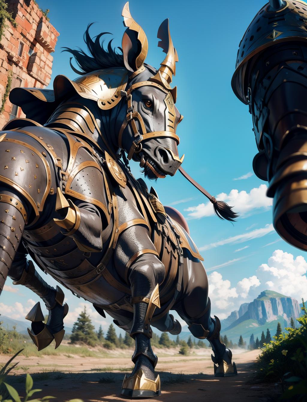  a full armored zulu knight riding on his rhinoceros, knight has perfect face with helmet, the rhinoceros is a perfect real rhinoceros, around ruined town somewhere in europe, high mountains in the background, realistic