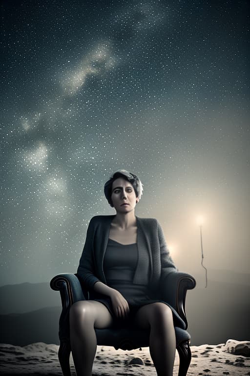  arrogant woman, frenchwoman with short hair, in a soft chair background starry sky, slate atmosphere, cinematic, dimmed colors, dark shot, muted colors, film grainy, lut, spooky