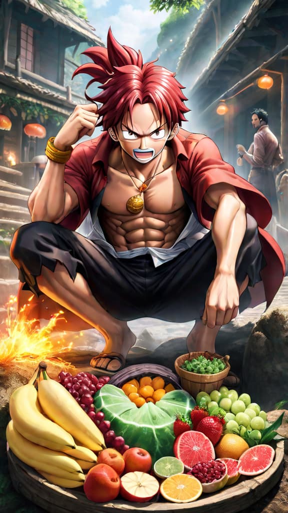  anime art: shanks believes luffy's spirit is crucial, not stopping him from eating the gum gum fruit. hyperrealistic, full body, detailed clothing, highly detailed, cinematic lighting, stunningly beautiful, intricate, sharp focus, f/1. 8, 85mm, (centered image composition), (professionally color graded), ((bright soft diffused light)), volumetric fog, trending on instagram, trending on tumblr, HDR 4K, 8K