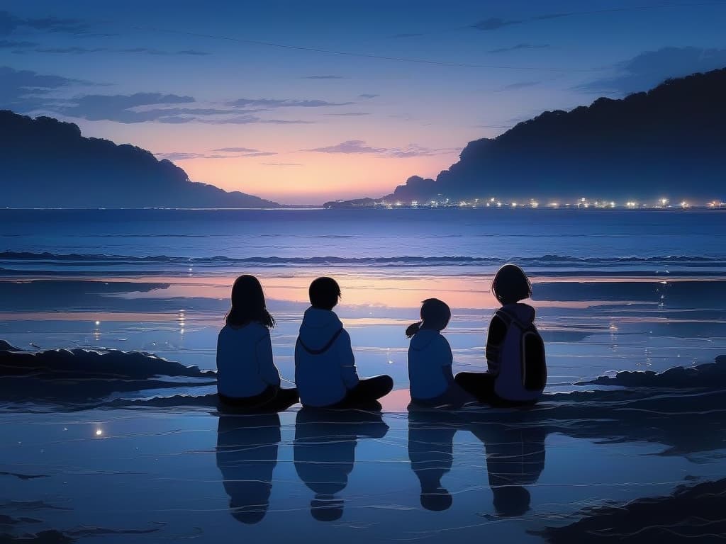  night, seaside, dark sea, girls, physical education sitting