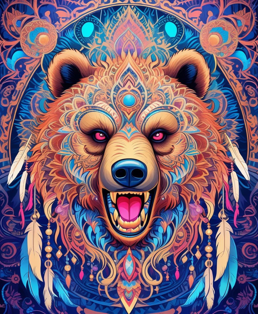  abstract expressionist painting masterpiece, hdr 8k, digital image. conceptual art. (a bear with a bared mouth full of sharp fangs, appearing in ancient russian ethnic ornaments that make up a symmetrical mandala consisting of an endless forest, a wide flowing river and majestic mountains, the mandala is decorated with a fantastic ice pattern). abstract elements: crystals, beads, feathers. the effect of dissolving the natural shades of fur in sky waves. filigree finishes, mysterious neon glowing accents, intricate. stylization. neo rococo style. stylish, dynamic, atmospheric. background dissolving abstract patterns in the space:: vignetting:: complex ethnic ornament. mystery, fantasy surrealism. high detail. high quality. hdr. . energetic