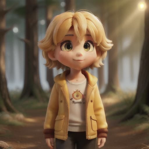  A small child with yellow hair brown eyes with short hair wearing a red jacket and a nose pointed in the forest of the night of Qalj warms with fire, 8K hyperrealistic, full body, detailed clothing, highly detailed, cinematic lighting, stunningly beautiful, intricate, sharp focus, f/1. 8, 85mm, (centered image composition), (professionally color graded), ((bright soft diffused light)), volumetric fog, trending on instagram, trending on tumblr, HDR 4K, 8K