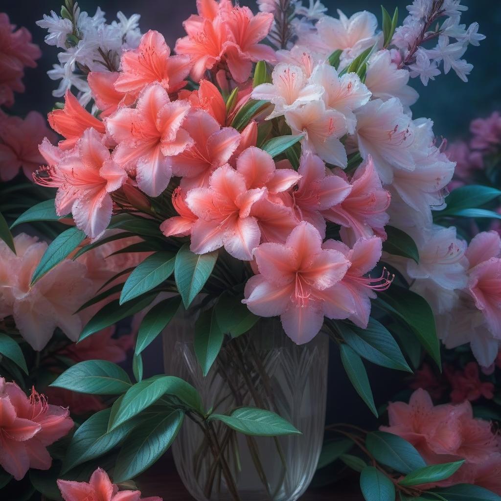  Bouquet of azaleas hyperrealistic, full body, detailed clothing, highly detailed, cinematic lighting, stunningly beautiful, intricate, sharp focus, f/1. 8, 85mm, (centered image composition), (professionally color graded), ((bright soft diffused light)), volumetric fog, trending on instagram, trending on tumblr, HDR 4K, 8K