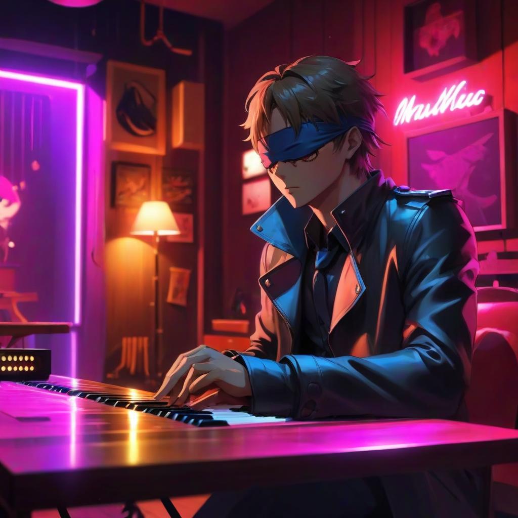  anime artwork musician with a blindfold, thoughtfully sitting at a table, against the background of a cozy room with musical instruments . anime style, key visual, vibrant, studio anime, highly detailed, hkmagic