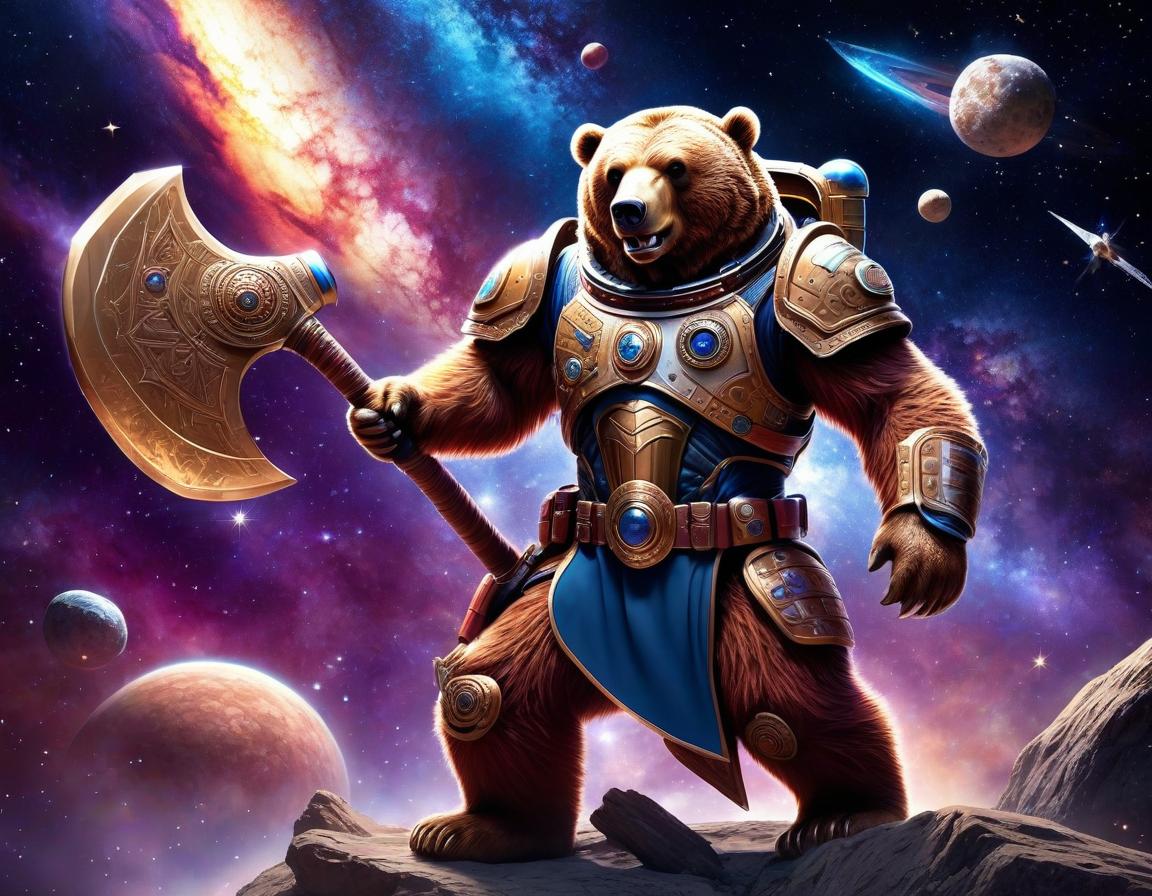  space themed battle bear, animal grin, holds an ax in his hands, in armor, in full growth . cosmic, celestial, stars, galaxies, nebulas, planets, science fiction, highly detailed