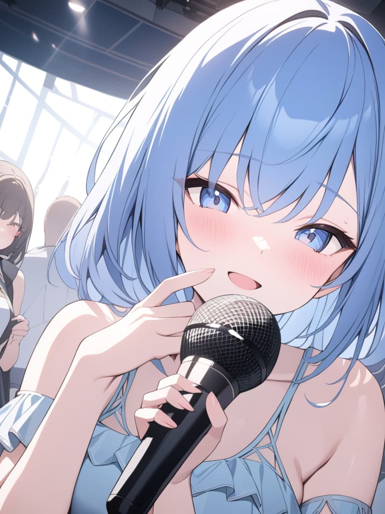  light blue hair, light blue, bob hair, with a microphone, yay, live, masterpiece, best quality,8k,ultra detailed,high resolution,an extremely delicate and beautiful,hyper detail