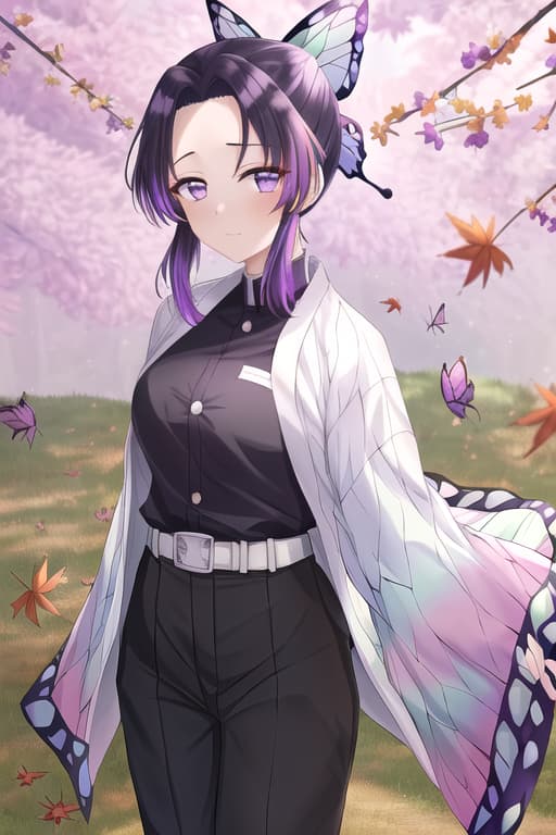  masterpiece, best quality, kochou shinobu, multicolored hair, no bangs, hair intakes, purple eyes, forehead, black shirt, black pants, haori, butterfly, buttons, belt,autumn women, autumn, falling leaves, masterpiece, best quality, high quality, solo