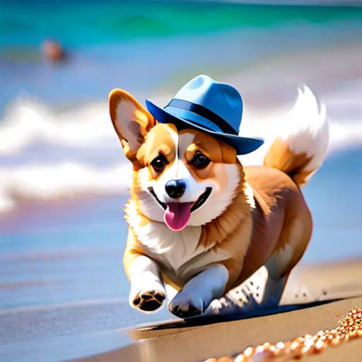  a corgi running down the beach wearing a big fedora. The image should be realistic and looks photorealistic hyperrealistic, full body, detailed clothing, highly detailed, cinematic lighting, stunningly beautiful, intricate, sharp focus, f/1. 8, 85mm, (centered image composition), (professionally color graded), ((bright soft diffused light)), volumetric fog, trending on instagram, trending on tumblr, HDR 4K, 8K