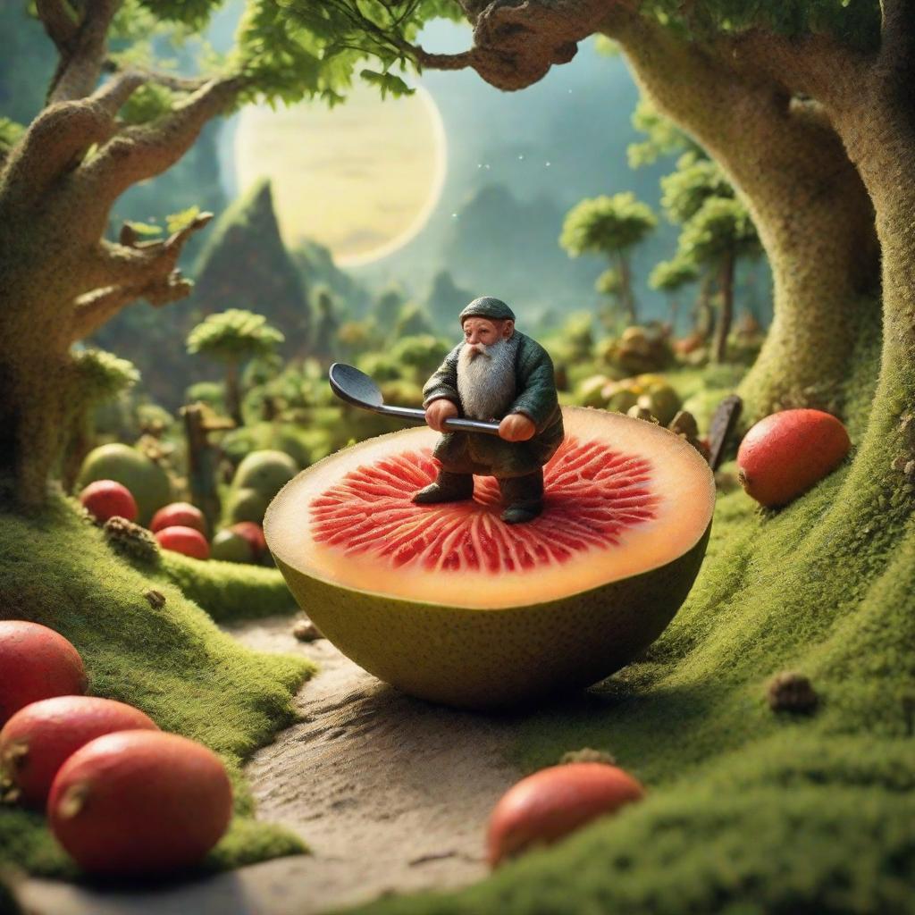  masterpiece, best quality, in a whimsical scene, a miniature model is located on a cross section of a huge kiwi fruit, depicting a dwarf tending the ground with a small hoe. Bright natural light illuminates the scene, evoking a sense of magic and mystery. The texture-based design is reminiscent of an advertising poster, and the detailed macro scene brings the audience into an atmosphere larger than a real person. Rendered in C4D, the cinematic lighting effects more realistically depict this fascinating world, creating a visually stunning and fascinating image.