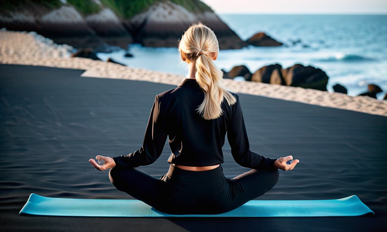  cinematic photo a young in a black suit with loose blond hair leads a yoga cl by the ocean sitting with her back on a black carpet . 35mm photograph, film, bokeh, professional, 4k, highly detailed