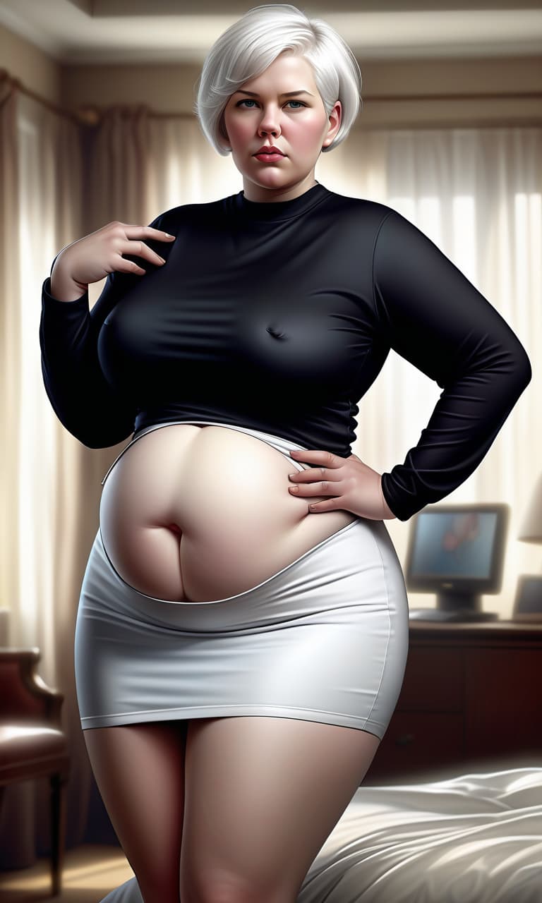  hyperrealistic art in full growth, beautiful , heavy and fat, like a woman, big stomach, in dress, white short hair, tight fitting clothes on the stomach, concept art, ilrative, in color, digital artwork, highly detailed. . extremely high resolution details, photographic, realism pushed to extreme, fine texture, incredibly lifelike