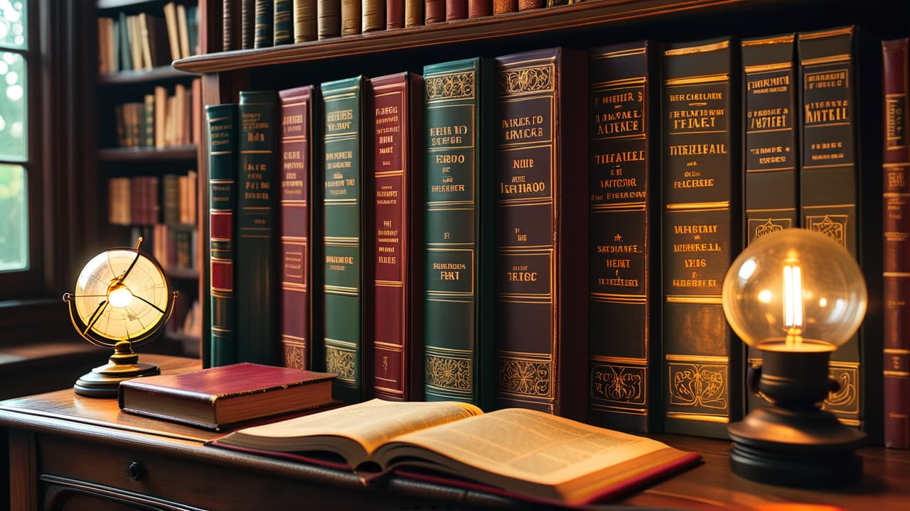  a richly detailed bookshelf filled with historical fiction novels, each cover depicting different eras; vintage maps, quills, and ink pots scattered nearby, along with period costumes hanging in the background, evoking a sense of time travel. hyperrealistic, full body, detailed clothing, highly detailed, cinematic lighting, stunningly beautiful, intricate, sharp focus, f/1. 8, 85mm, (centered image composition), (professionally color graded), ((bright soft diffused light)), volumetric fog, trending on instagram, trending on tumblr, HDR 4K, 8K