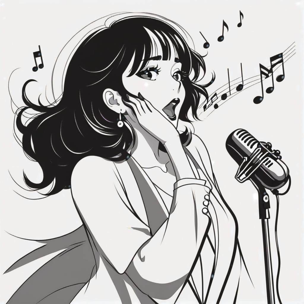  line art drawing jazz singer girl, same nightmare. anime style . professional, sleek, modern, minimalist, graphic, line art, vector graphics