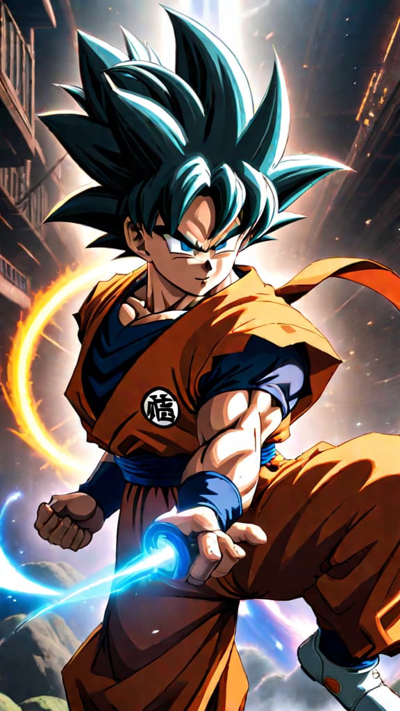  anime art: goku bends space time to create a shortcut using instant transmission in dragon ball z. hyperrealistic, full body, detailed clothing, highly detailed, cinematic lighting, stunningly beautiful, intricate, sharp focus, f/1. 8, 85mm, (centered image composition), (professionally color graded), ((bright soft diffused light)), volumetric fog, trending on instagram, trending on tumblr, HDR 4K, 8K