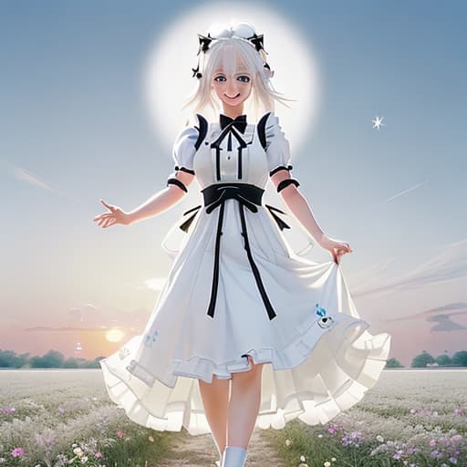  white haired anime girl in a white dress with a black ribbon and flower on the chest, posing for a photo in the style of anime, in a flower field background with a sunset, a full body shot, blue eyes, smiling with a cheerful pose, beautiful face details, cute with a happy expression, wearing a maid outfit in the style of kawaii anime artwork.