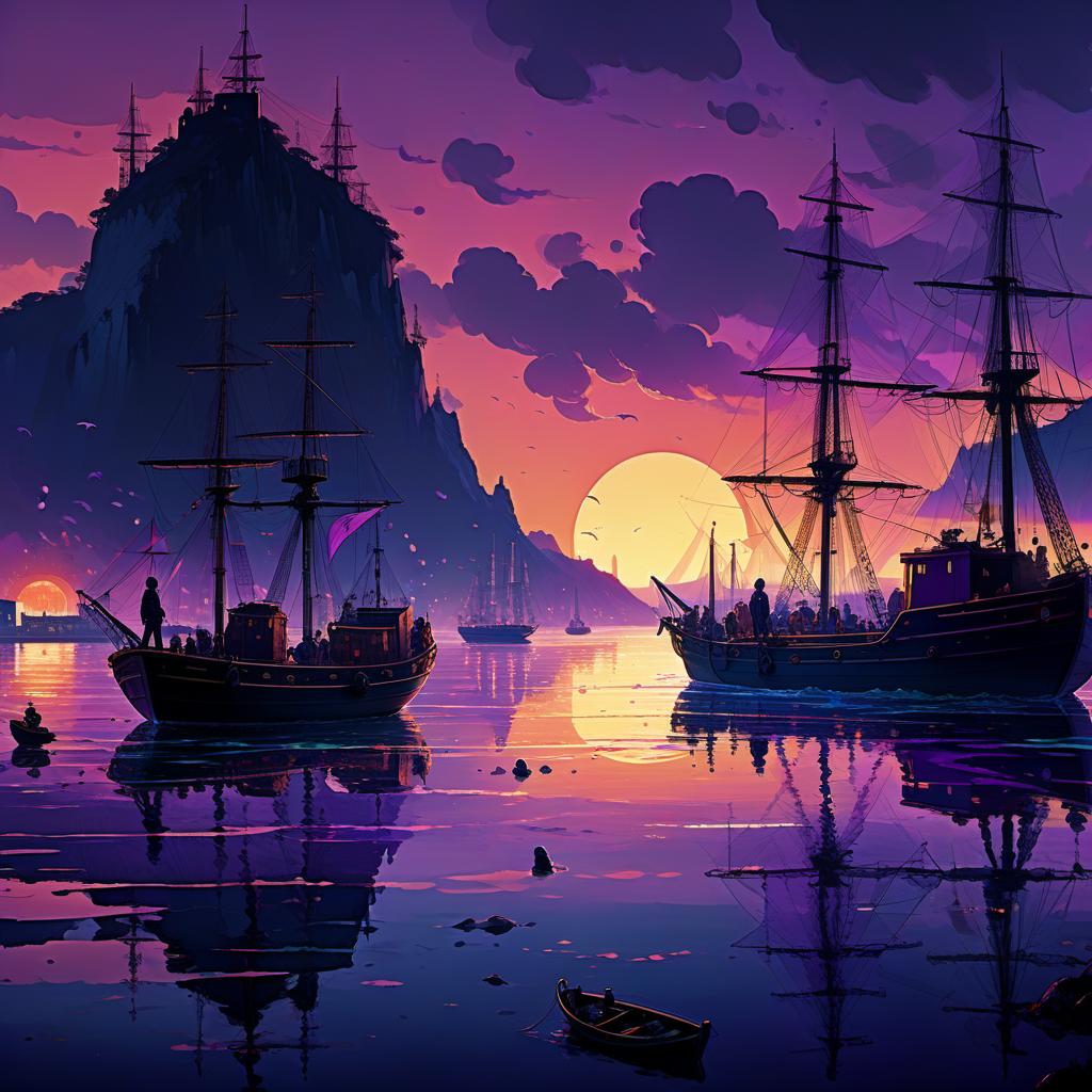  anime artwork heavy, salt soaked air hung over the port like a dense veil, mixing with smoke from fires and the smell of fish. the dark blue waters of the bay reflected the purple glow of the rising sun, giving them a gloomy hue. against a backdrop of jagged mountains topped by purple twilight, the port's colorful houses towered like toys scattered in a mess. wooden docks, overgrown with shells and algae, creaked under the pressure of waves, and between them snorted boats with colorful sails, like a flock of different sized fish. in this hectic, motley entourage, like a wounded beast, a wooden frigate slowly entered the harbor. his skin plowed deep wounds, and the broken sails, like bloody wings, hanging without will. on the deck, in the li